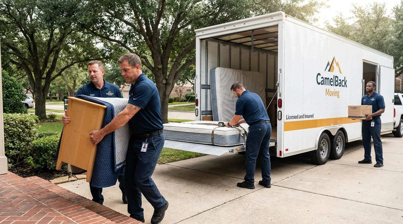Crew loading residential truck for cross-state move from Santee, CA