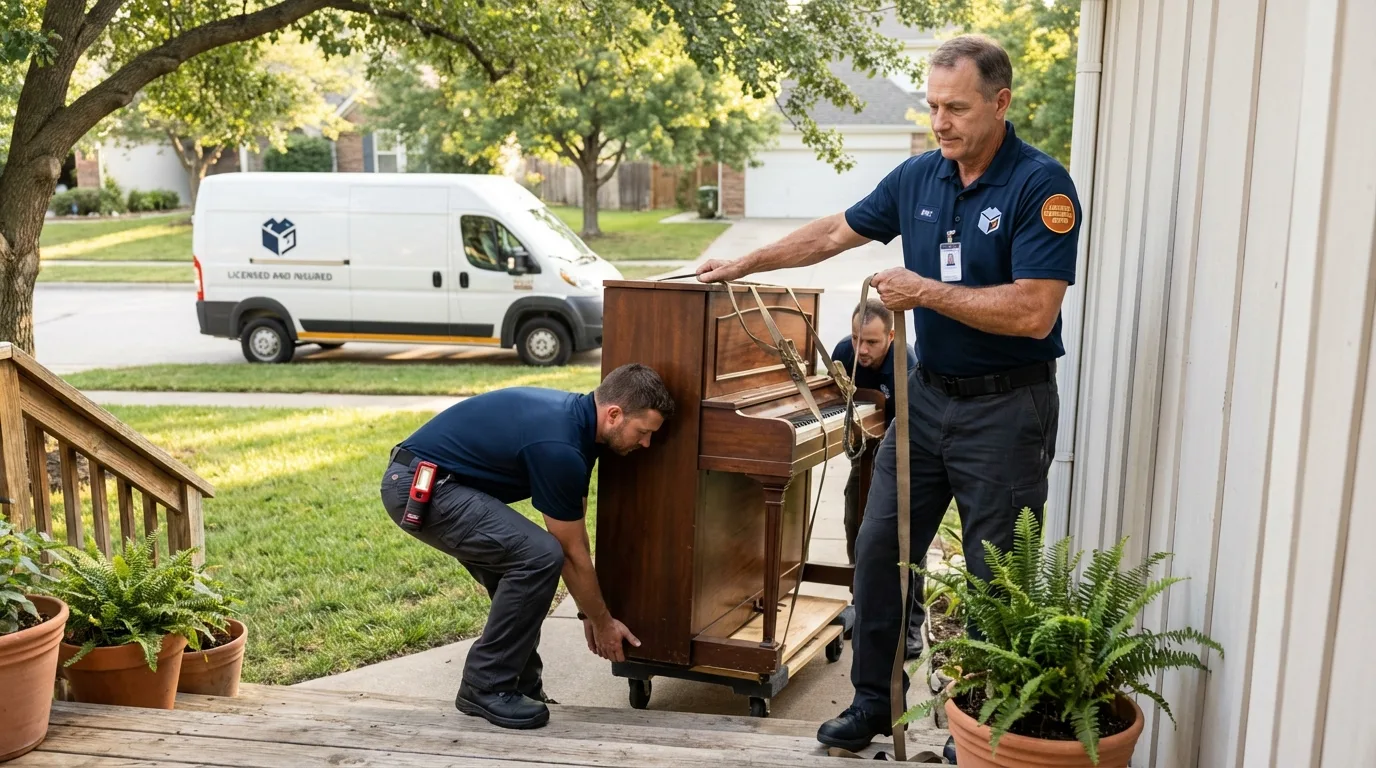 Licensed piano movers securing grand piano in Santee, CA