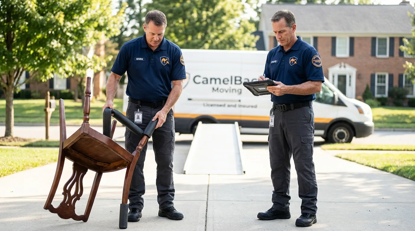 Movers inspecting furniture for damage prevention before loading in Santee, CA